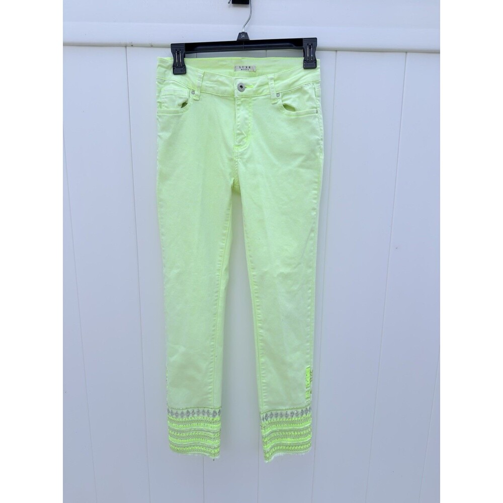 Luxe Moda Womens Denim Jeans Green Beaded Embroidered Sz 4
